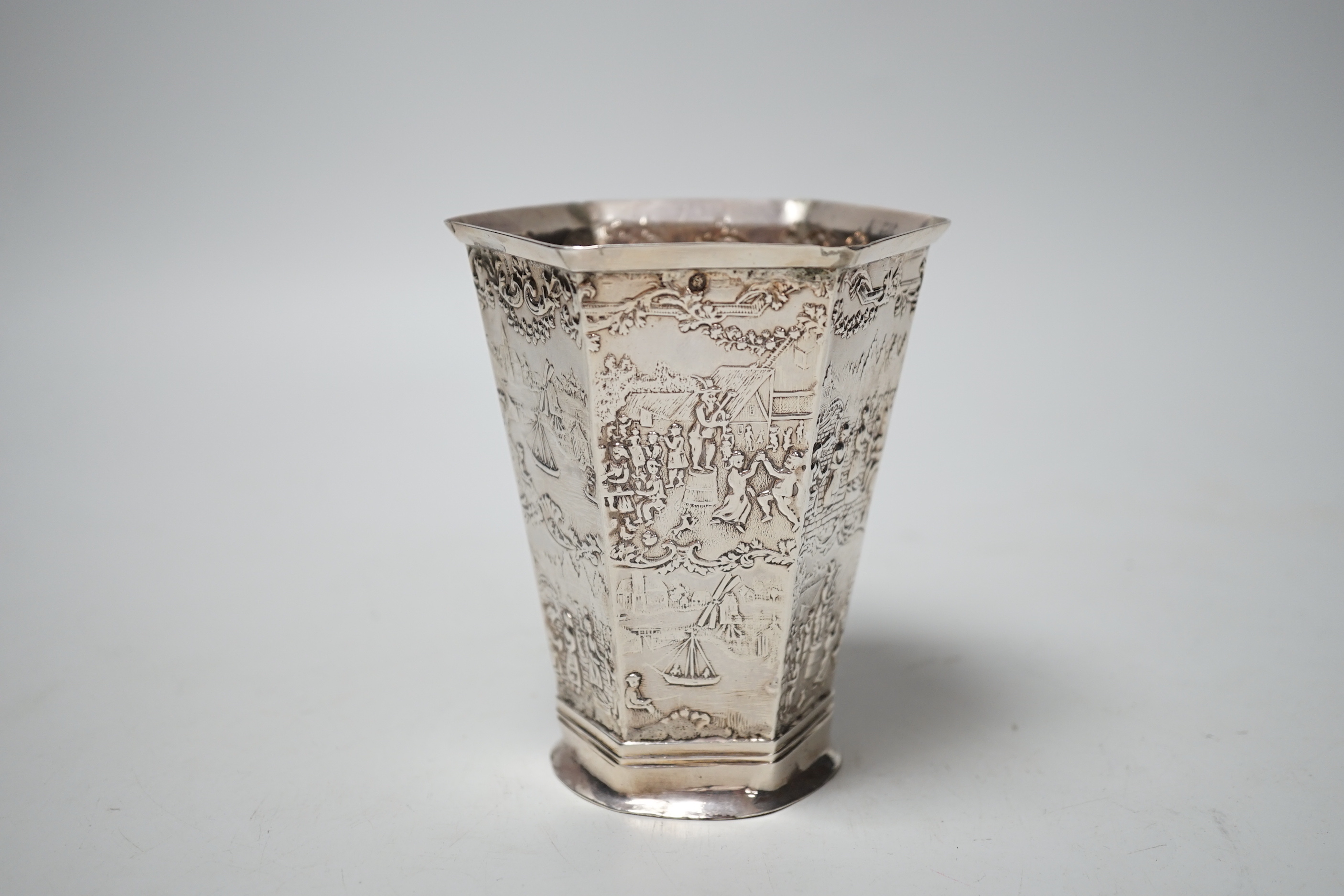 A late 19th century Dutch silver hexagonal vase, import marks for London, 1890, 11.2cm, 150 grams.